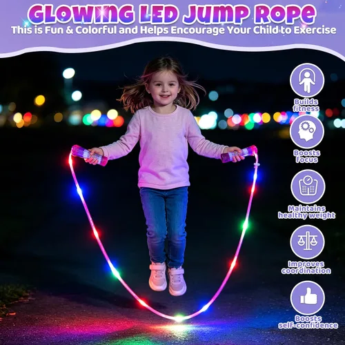 Vista 3 de 2 Pack LED Jump Rope for Kids Colorful Skipping Rope Light Up Ropes for Girls Boys Fitness Exercise & Lights Dancing & Night Party Favors