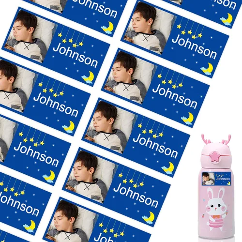 Vista 12 de 78 etiquetas personalizadas para niños con fotos impermeables, etiquetas de nombre personalizadas para suministros escolares, guardería, botellas