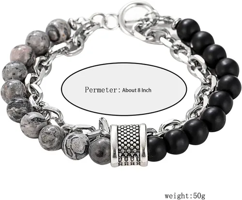 Vista 6 de Pulsera de obsidiana para hombre, pulsera de cuentas negras, pulseras de cadena plateada, pulseras punk, regalo de joyería