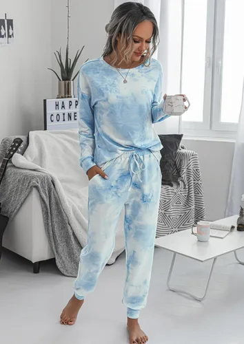 Vista 45 de Prettygarden - Conjunto de pijama de dos piezas para mujer, diseño de teñido anudado, sudadera informal de manga larga con pantalones largos, ropa