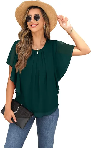 Vista 5 de QIXING Blusas de gasa con cuello redondo y cuello redondo de verano para mujer
