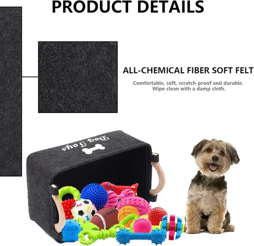 Vista 2 de Geyecete Cesta plegable para juguetes para perros con mango de madera, gran contenedor de almacenamiento de suministros para mascotas gris oscuro