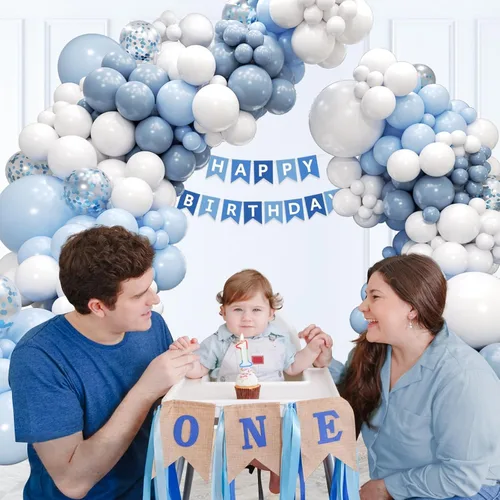 Vista 6 de Kit de arco de globos azules y blancos de 134 piezas, globos azules y blancos con confeti azul polvoriento para aniversario, revelación de género