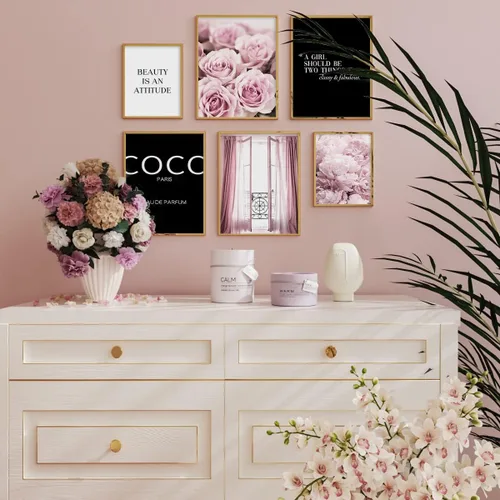 Vista 4 de Arte de Pared con Citas Motivacionales - Imágenes de Diseñador Rosa Glamoroso para Decoración de Pared - Citas Positivas para Mujeres, Dormitorio