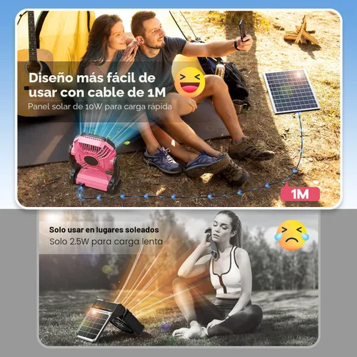 Vista 5 de Ventilador solar de 30000 mAh con linterna LED, panel solar recargable de 10 W, ventilador de camping para exteriores, portátil de 9 pulgadas Rosa