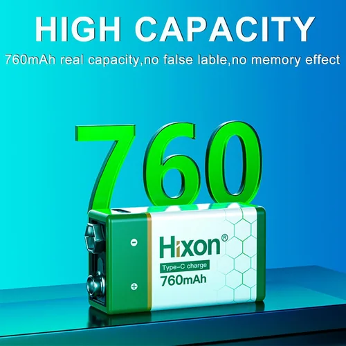 Vista 3 de Hixon Baterías de litio recargables USB de 9 V, baterías de iones de litio de larga duración de 760 mAh de 9 voltios con cable de carga tipo C