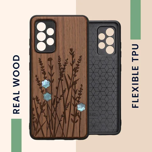 Vista 4 de kwmobile Funda de madera compatible con Samsung Galaxy A52 / A52 5G / A52s 5G - Funda - Funda - Flores silvestres perla marrón oscuro