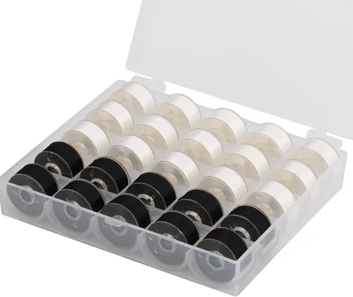 Vista 7 de Simthread 25 piezas de hilo de bobina preenrollado blanco tamaño A clase 15 (SA156) 60WT con caja de plástico de almacenamiento transparente 70D/2