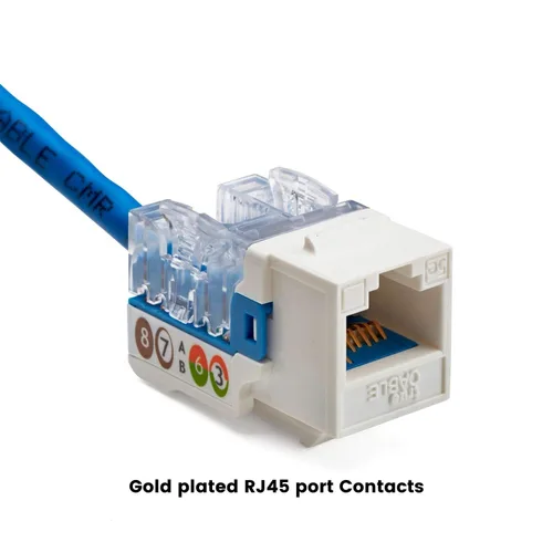 Vista 103 de TRUE CABLE Conector Keystone Cat5e, sin blindaje (UTP), perforado de 90 grados, PoE++ (4PPoE) 100W, certificación UL, verificado ETL, certificado
