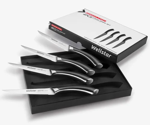 Vista 7 de WELLSTAR Juego de 4 cuchillos para carne, hoja dentada de acero inoxidable alemán resistente a la corrosión, mango ergonómico de espiga completa