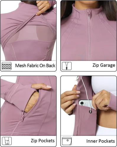 Vista 4 de QUEENIEKE Chaquetas atléticas para mujer, de algodón, suave, con cremallera completa, ajustada, para entrenamiento, correr, con bolsillos