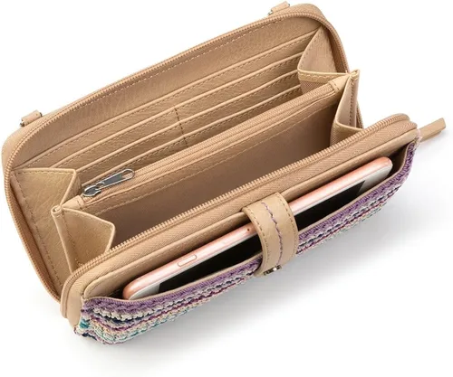 Vista 4 de The Sak Iris - Bolso cruzado grande para smartphone en ganchillo y piel sintética, diseño de bolso de muñeca convertible, diseño de rayas Mendocino