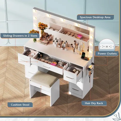 Vista 3 de WLIVE Escritorio de tocador con estación de carga, mesa de maquillaje con espejo iluminado y brillo ajustable, tocador blanco con 7 cajones