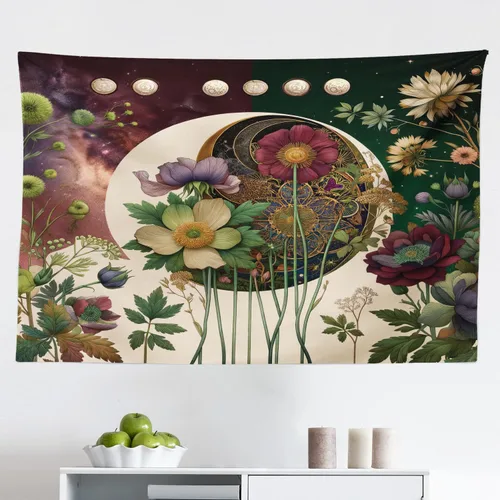 Vista 173 de Ambesonne Tapiz verde, fases lunares alrededor de un árbol de la vida, impresión de diseño bohemio de astrología nocturna, decoración de tela