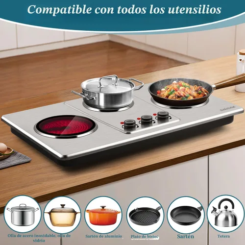 Vista 4 de CUSIMAX - Placa de cocción eléctrica de 7" de vidrio cerámico, quemador triple infrarrojo de encimera, placa caliente eléctrica para cocinar, 11