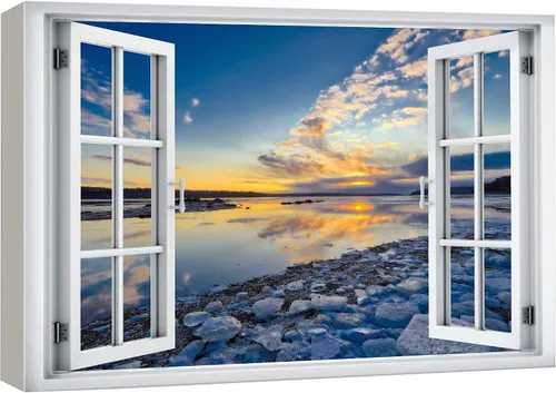 Vista 21 de wall26 Lienzo impreso para pared, vista de ventana a barco y playa tropical, isla de naturaleza, desierto, fotografía, realismo, paisaje rústico