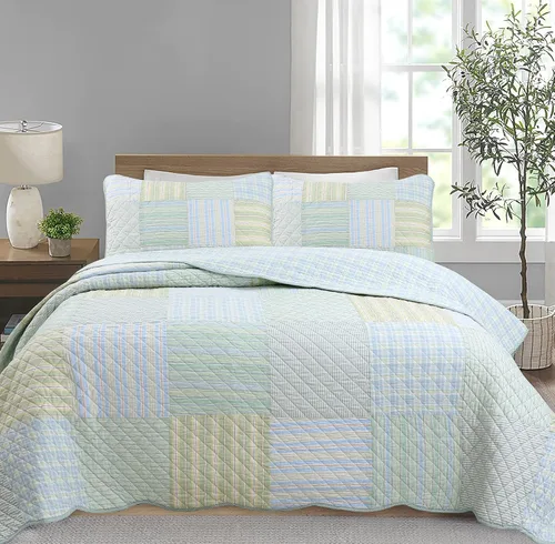 Vista 11 de Cozy Line Home Fashions Juego de ropa de cama de retazos reales a cuadros y rayas verdes, amarillos y azules, 100% algodón, colcha reversible