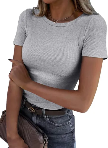 Vista 15 de Roselux - Camiseta ajustada de manga corta con cuello redondo de canalé, camiseta básica de punto. Beige