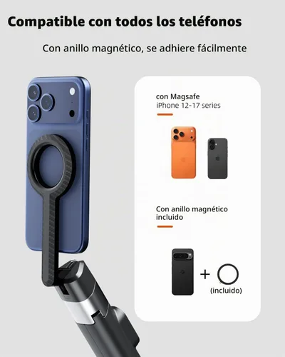 Vista 3 de TODI Trípode magnético de 60 pulgadas para iPhone, mini palo magnético selfie stick compatible con iPhone serie 12-17 con anillo de metal Oscuro
