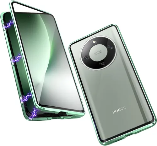 Vista 11 de QUIETIP Funda magnética para Honor Magic 8 Lite/Honor X9d, marco de metal de doble cara cubierta de vidrio templado transparente, negro