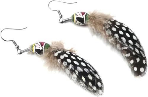 Vista 6 de Natural Feather Ethnic Fusion Earrings Peruvian Ceramic Green Yellow Black