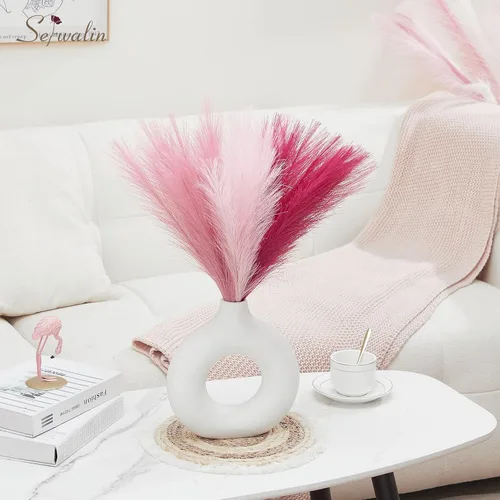 Vista 6 de Serwalin Decoración de zacate de las pampas rosa intenso, rosa rubor y rosa, 17.7 pulgadas 6 piezas de zacate de las pampas sintético, zacate A Abby