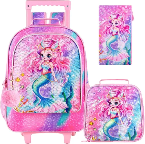 Vista 12 de Mochila rodante para niñas y niños, juego de 3 piezas con ruedas de diseño de unicornio o dinosaurio Dinosaurio astronauta.