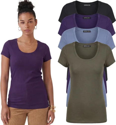 Vista 9 de Emmalise - Camiseta de manga corta para mujer, cuello redondo, estilo básico, pack de valor, tallas junior y grandes