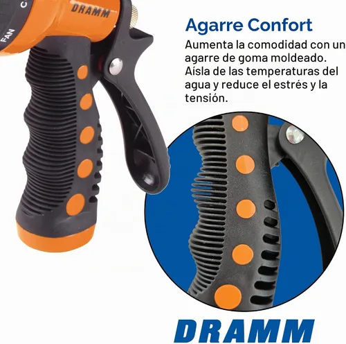 Vista 4 de Dramm® Revolver Boquilla de manguera de jardín resistente de 9 patrones, pistola rociadora de metal ajustable con flujo de control de pulgar