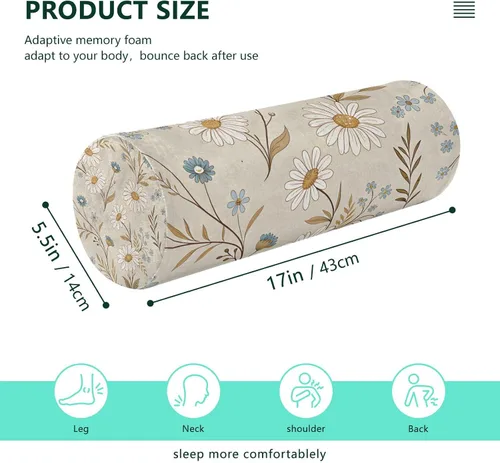 Vista 3 de Qilmy Blue and White Flowers Neck Roll Pillow, Memory Foam Round Pillow Cylinder Bolster Pillow for Sleeping, Cervical Roll Pillows for Pain Relief