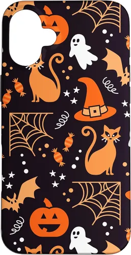 Vista 22 de Carcasa para iPhone 16 Halloween, calabazas, fantasmas, bruja, caramelo, maíz, murciélagos, calaveras