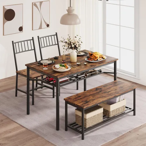 Vista 3 de IDEALHOUSE Juego de mesa de comedor para 4, mesa de cocina y 2 sillas con banco de almacenamiento, juego de mesa de cocina rectangular de 47.2