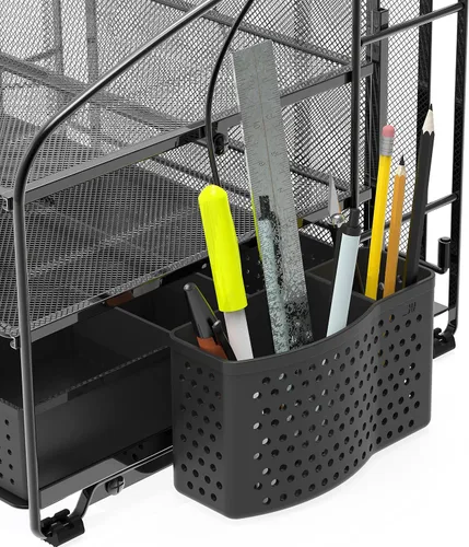Vista 4 de Simple Houseware - Organizador de escritorio de 3 niveles con cajón deslizante, soporte para archivos colgantes y accesorio para porta lapices, Negro