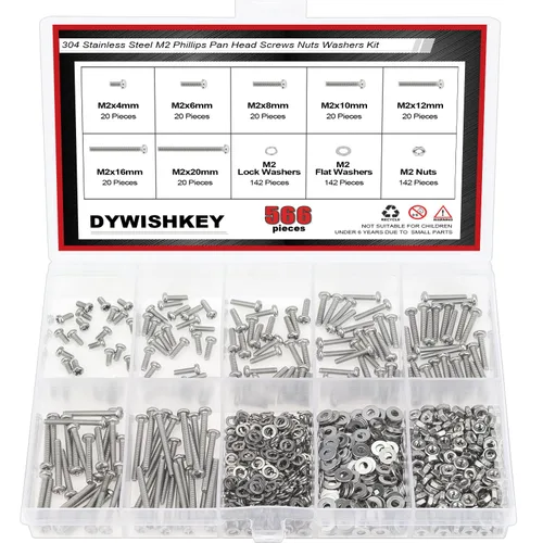 Vista 25 de DYWISHKEY - Juego de 566 piezas M2x 4/6/8/10/12/16/20mm tornillos de cabeza de botón, kit de tuercas y arandelas, tornillos M2, acero inoxidable 304