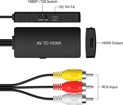 Vista 2 de Convertidor RCA macho a HDMI, adaptador compuesto CVBS AV a HDMI, interruptor de salida Full HD 720P/1080P para DVD, STB, VCR