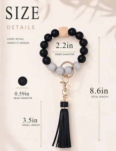 Vista 2 de BAOSIWA Pulsera de cuentas de silicona, llavero de pulsera, cadena para mujer, con borla de cuero Negro