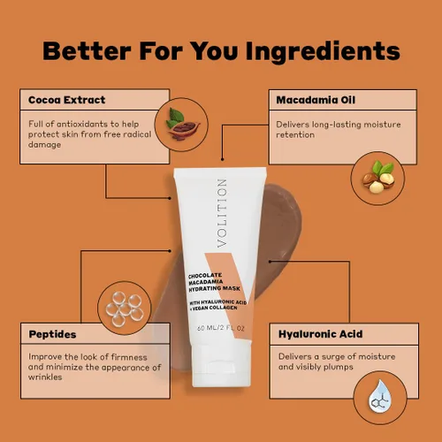 Vista 2 de Volition Beauty Chocolate Macadamia Mascarilla Hidratante con Ácido Hialurónico + Colágeno Vegano Tratamiento facial nutritivo y reabastecedor