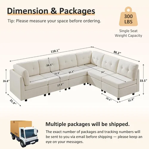 Vista 2 de VANOMi - Sofás seccionales de 6 plazas para sala de estar, sofá modular convertible de 118" en forma de nube, cómodos sofás de chenilla y sofás