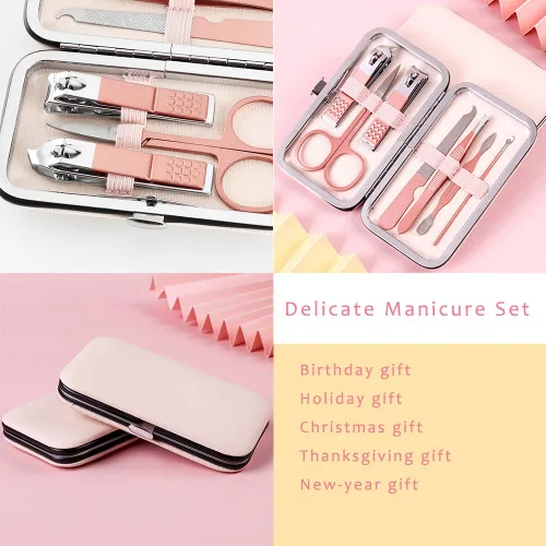 Vista 4 de Juego de manicura rosa herramienta de belleza portátil – cortaúñas pedicura kit de aseo de acero inoxidable 7 en 1 estuche de viaje de cuero