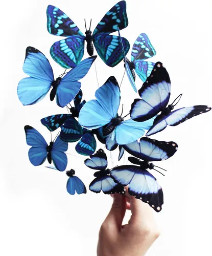 Vista 11 de Paquete de 12 decoraciones de mariposa, decoración de estacas de mariposa 3D, 2 tamaños de adorno de mariposa para el hogar, flores falsas