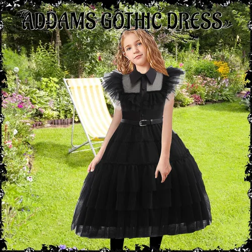 Vista 2 de Wednesday Addams - Vestido para niños y niñas, disfraz de fiesta familiar Addams, uniforme de academia, vestidos de baile, vestido de fiesta
