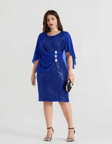Vista 9 de Hanna Nikole Vestido de fiesta de lentejuelas para mujer, talla grande, de gasa, manga de capa, vestido midi de cóctel 2024