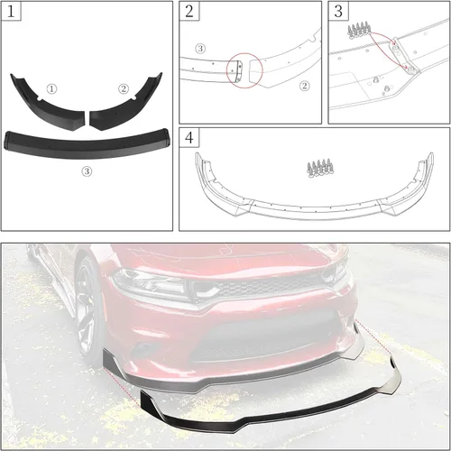 Vista 4 de Labio de Parachoques Delantero Compatible con Dodge Charger SRT GT-V 2015-2023 Estilo ABS Negro Brillante Divisor Delantero Protector Inferior AMPP