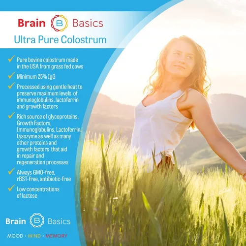 Vista 2 de Brain Basics Calostro ultra puro, 4000 mg por porción, mínimo 25% de anticuerpos IgG, salud intestino-cerebro-inmune, cabello y piel brillantes.