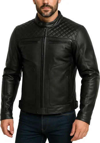 Vista 4 de LP-FACON Chaqueta de cuero para motocicleta con insignias vintage para hombre, chaqueta acolchada con armadura de rayas retro Chaqueta de cuero