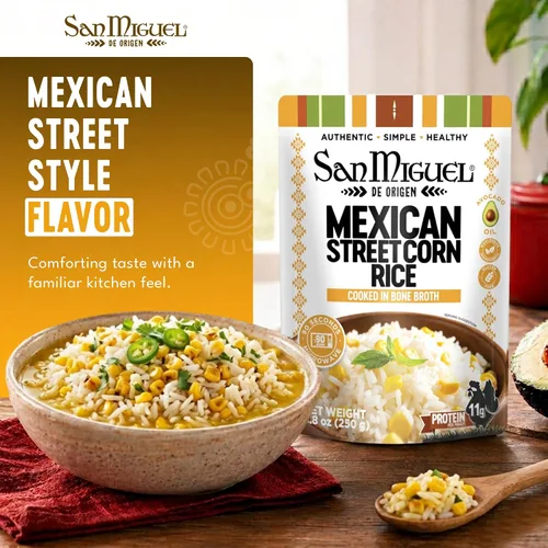 Vista 8 de San Miguel - Arroz de maíz mexicano para microondas, 0.39 oz de proteína Arroz de maíz callejero mexicano • Caldo de huesos • Aceite de aguacate •