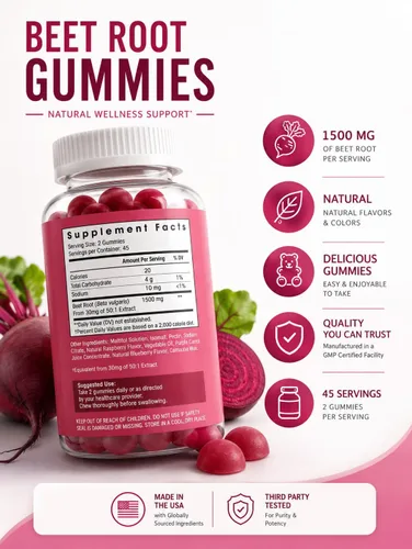 Vista 2 de Gomitas de raíz de remolacha de óxido nítrico sin azúcar, masticables de raíz de remolacha para rendimiento atlético, refuerzo de óxido nítrico