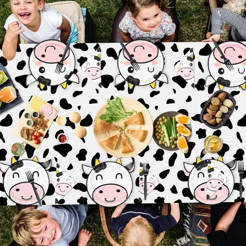 Vista 6 de Suministros de fiesta con estampado de vaca: platos con forma de vaca, servilletas con patrón, tenedores, cubierta de mesa para cumpleaños de niñas