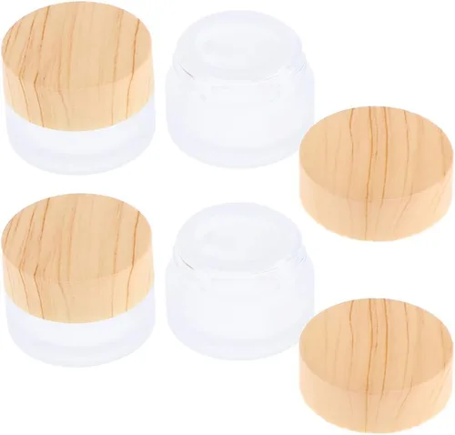 Vista 6 de Juego de 10 botes de 0.18 oz y 0.2 fl oz de vidrio esmerilado, con tapa de plástico con textura de madera, rellenables