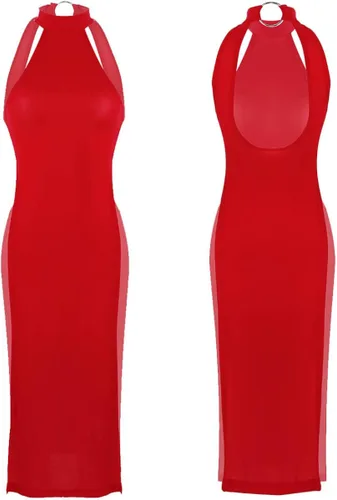 Vista 6 de Yartina Vestido de lencería con cuello halter para mujer, con abertura lateral, sin mangas, mini cheongsam, camisón para fiesta, club